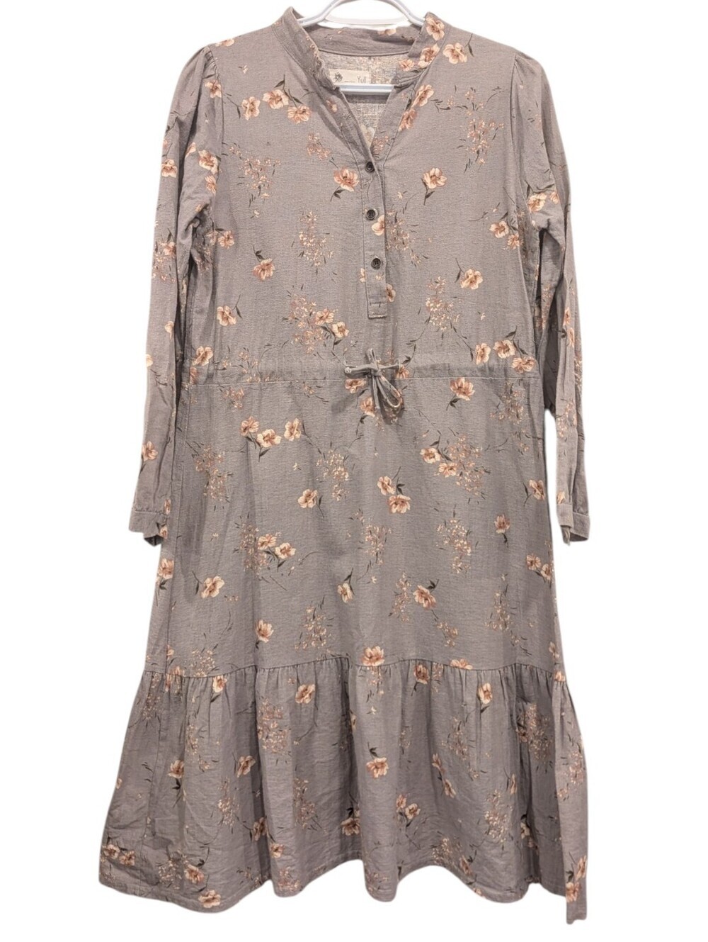 Yull Floral Boho Prairie Midi Dress Taupe Long Sleeve Korea